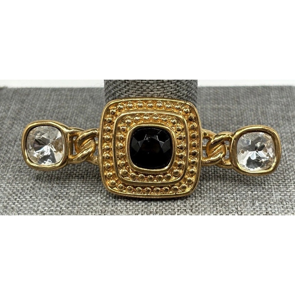 Vintage 80s Givenchy Etruscan Style Black Clear Rhinestone Brooch Gold Tone